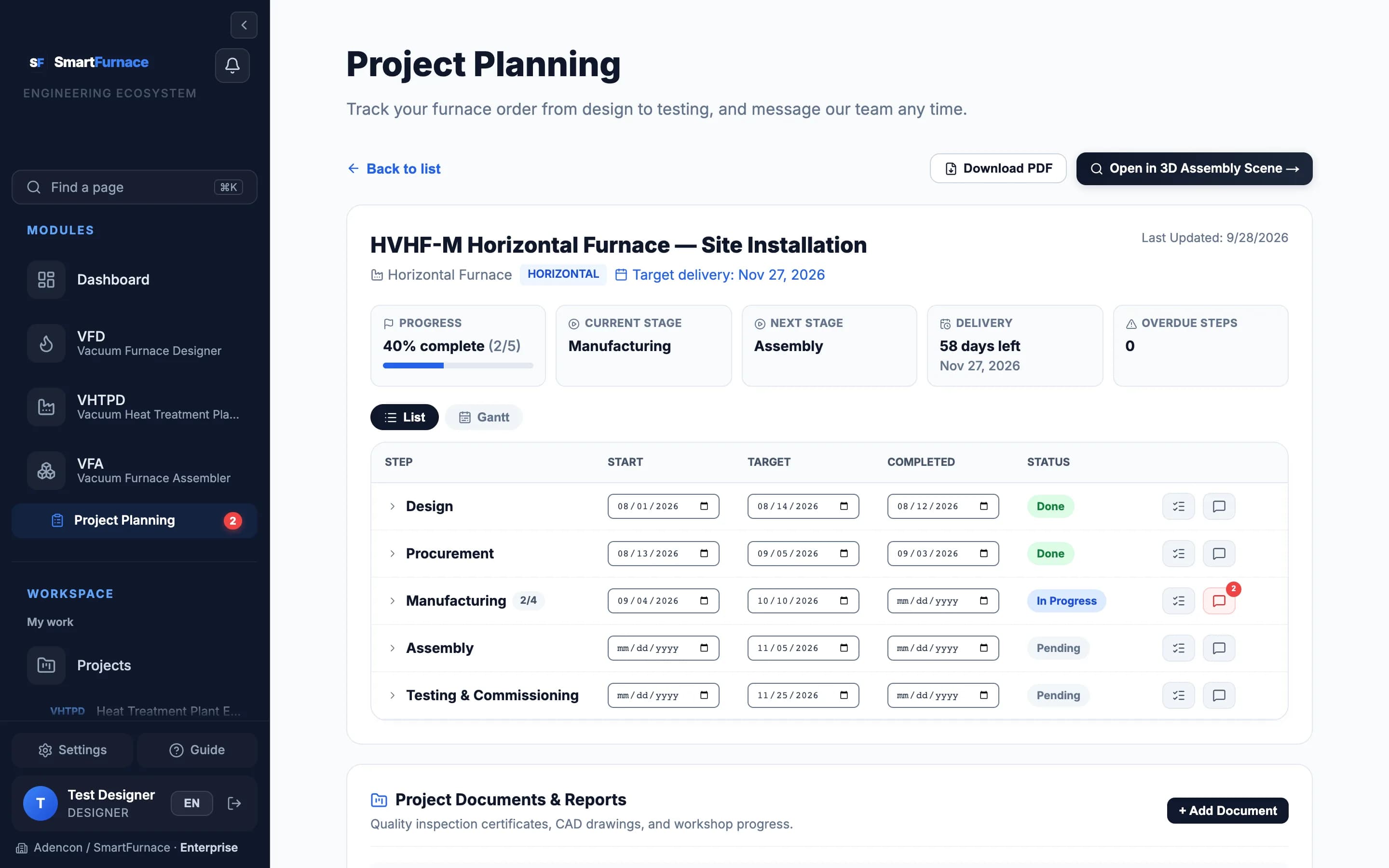 Écran Planification de Projet : avancement, étape en cours, et les étapes conception, achats, fabrication, assemblage et essais avec dates et statut