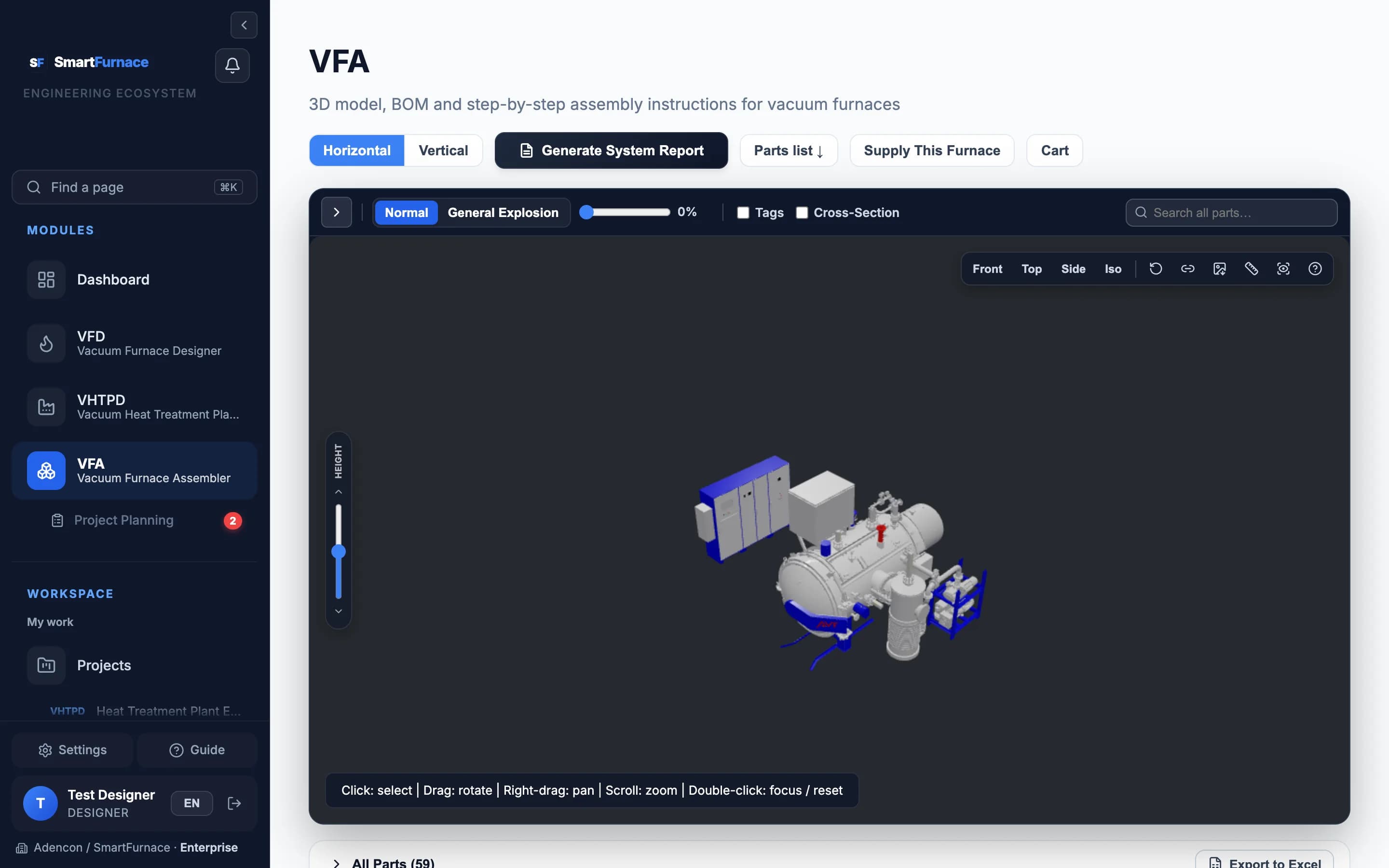 Vue 3D d’un four sous vide horizontal dans l’Assembleur de Four à Vide, avec vue éclatée, étiquettes, coupe et commandes de caméra