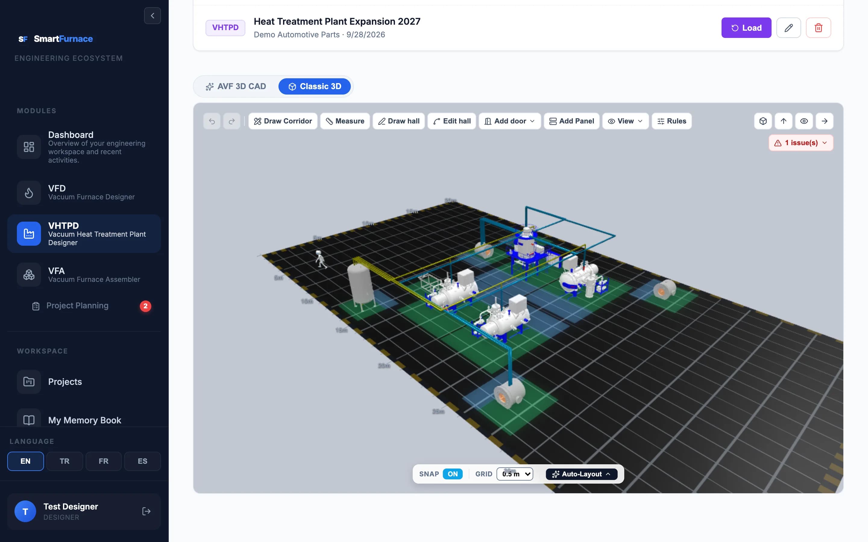 Implantation 3D d’une halle de traitement thermique avec quatre fours sous vide, un réservoir tampon, des groupes de refroidissement, des tuyauteries et une barre d’outils